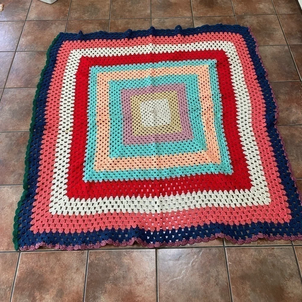 Vintage Handmade Afghan Blanket Throw 60”x60”Crochet Multi-Color